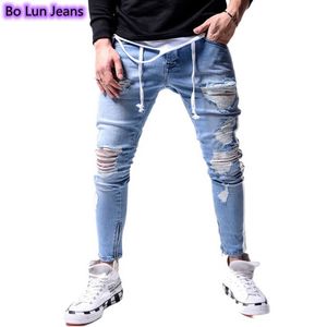 Dżinsy Mężczyźni Kostki Zipper Jeans Ripped Skinny Jeans Side Stripe Hip-Hop Casual Spodnie Stretch Elastyczny Talia Dżinsowe Spodnie X0621