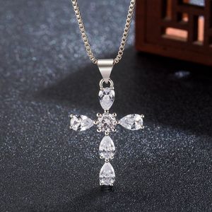 Crystal Cross Stone 925 Sterling Silver hänge kedja halsband kvinnor smycken