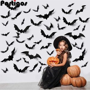 24/48pcs Halloween Decoration 3D Black PVC Bat Party DIY Decor Bar Room Scary Decos Props Wall Sticker Y0730