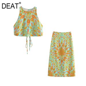 [DEAT] Summer Fashion Round Neck Sleeveless Tops Knee-length Printing Skirts Elegant Women Two-piece Suit 13Q587 210527