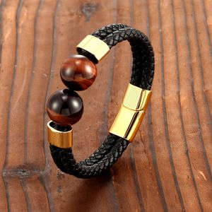 2021 18mm Natural Double Tiger Eye Turquoise Agate Volcanic Stone Energy Leather Cord Bracelet Super Cool Men's 316 St