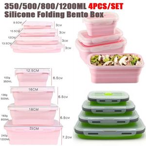 4pcs/set Silicone Rectangle Lunch Box Collapsible Bento Folding Food Container Bowl 300/500/800/1200ml for Dinnerware 211104