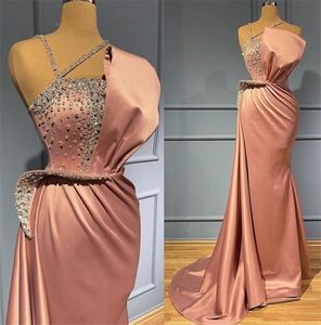 Snygg Satin Mermaid Prom Klänningar Beaded Crystals One Shoulder Evening Dress Arabic Formal Andra Mottagning Party Gowns Robe de Mariée