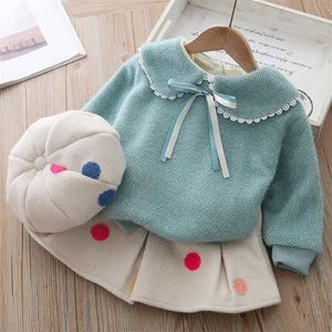 Baby Girl Winter Warm Clothing Kid Polka Dot Kjol Plush Two-Pite Suit Doll Collar Wool Sweater Plus Velvet Tjockningsuppsättning 211025