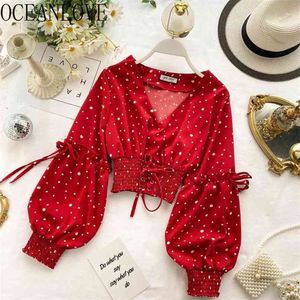 Oceanlove Polka Dot Short Women Bluzki i Topy Sexy V Neck Bandaż Chic Rękawem Puff Sleeve Koszule Wiosna Koreański Blusas 13627 210719