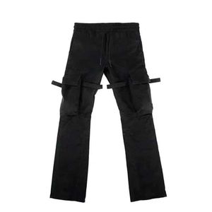 High Street Men's Women's Pants Cargo Pants Mid Cotton Loose Straight Casual Bandage Pocket Streamers Flared Trousers Neutral G1007