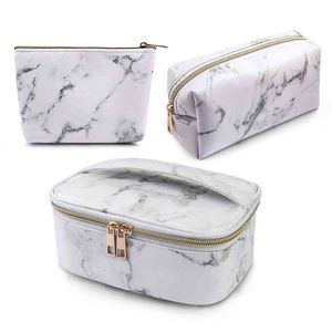 Nxy Cosmetic Bags 3 Pcs Set Pu Leather Marble Pattern Makeup Waterproof Toiletry Travel Brushes Organizer 220303
