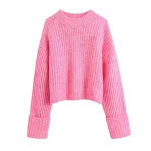 EVfer 2021 primavera outono meninas casuais O-pescoço manga comprida rosa camisola feminina moda engrossar buff curto de malha za chique pulôver y1110