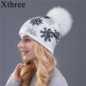 Xthree Real Mink Pom Poms Wool Rabbit Fur Knitted Hat Skullies Winter for Women Girls Beanies Christmas snow 211228