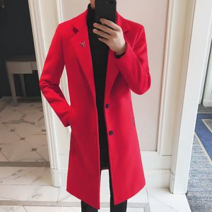 秋の冬のコートメンズロングウインドブレーカーウールのトレンチコート厚い暖かいジャケット赤