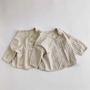 Camicie a maniche lunghe in lino di cotone per ragazze primaverili Abbigliamento in stile coreano Cappotto allentato casual per bambini 210615