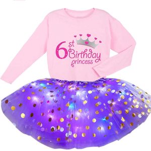 Flickor Födelsedag Customization Sequined Drprincsummer Sequins Dresses Girl 2pc Light Dress + Långärmad T Shirt Party Skirt X0803