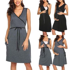 Maternity Dresses European Sleeveless Nursing Dress Breastfeeding Nightgown Woman Gray Black