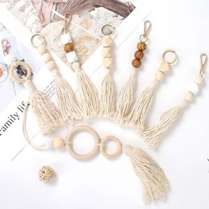 Thread de algodão embrulhada madeira bead borla keychain para mulheres boho titular chave keyring macrame bolsa de encanto carro pendurado presente de jóias