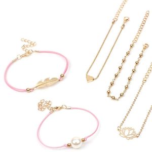 Charm Bracelets Women's Sets Boho Statement Pink Wax Rope Pearl Leaf Tree Style Lady's Hand & Bangle Accessory Cuff Jewelry