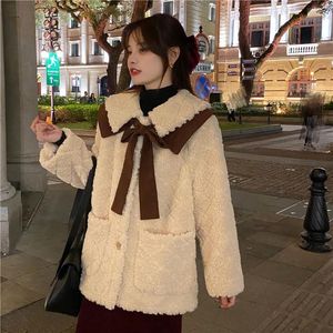 Women's Fur & Faux Cute Sweet Fashion Coat Women Single Breasted Loose Thick Warm Lamb Wool Jacket With Bow Lapel Furry Students Outerwear