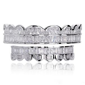 New Baguette Set Teeth Grillz Top & Bottom Silver Color Grills Dental Mouth Hip Hop Fashion Jewelry Rapper Jewelry