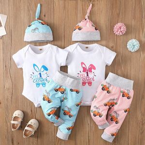 Barnkläder Ställer Boys Girls Easter Rabbit Outfits Infant Bunny Print Romper Toppar + Stripe Byxor + Mössor 3st / Set Sommar Mode Baby Kläder