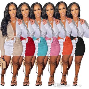 Kobiety Contrast 2 Piece Dress Set Designer Długim Rękawem Koszula Wiosna Letnia Odzież Koszulka Hollow Szycie Top Krótka Spódnica S-XL