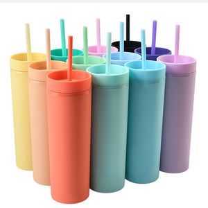 16oz Acrylic Skinny Tumblers Matte Colors Double Wall 500ml Tumbler Coffee Drinking Plastic Sippy Cup With Lid Straws