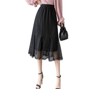 Hollow Out Lace Skirts Black Women High Waist Elastic Tulle Skirt Trumpet Long Ladies Fashion Vintage Mermaid Cloth 210601