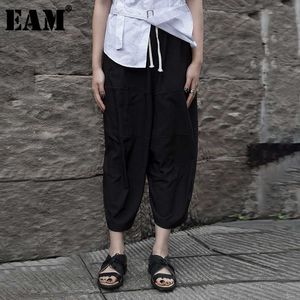 [EAM]高弾性ウエスト巾着レジャー長い広い脚のズボン新しいルーズフィットパンツ女性のファッション春秋2021 Ju4210 Q0801