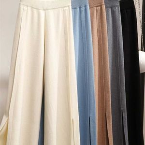 Surmiitro мода осень осень зима толстые вязаные длинные широкие брюки ноги женщины корейский стиль белый сплит высокие талии брюки женские 2111112