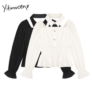 Yitimuceng Hollow Out Biała Bluzka Kobiety Koszule Slim Solidna Wiosna Moda Francuska Ubrania Z Długim Rękawem Rękawem Puff Topy 210601