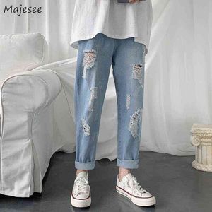 Homens jeans plus size 5xl reta orifício solto tornozelo comprimento elástico cintura sólida all-partido na moda machos lazer chique vintage g0104