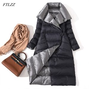 FTLZZ Women Double Sided Down Long Jacket Winter White Duck Coat Breasted Warm Parkas Snow Outwear 210913