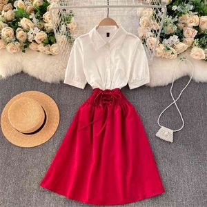 Womens Fashion Short Sleeve Color Contrast Stitching High Waist Thin A-line Dress Korean Clothing Vestidos Q515 210527