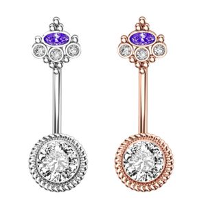 Anello per ombelico con corona viola e zirconi cubici, bilanciere per ombelico in acciaio chirurgico con gioielli per piercing al corpo in zirconi per donna