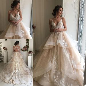 Gorgeous Colorful Dresses 2021 Tiered Skirt Tulle Sweep Train Lace Applique Sexy Hollow Back Spaghetti Straps Wedding Bridal Gown