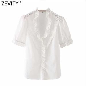 Zevity Women Sweet Lace Ruffles Hollow Out Embroidery Smock Blouse Female Short Sleeve Shirts Chic Casual Blusas Tops LS7695 210603