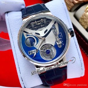 Mega Yacht 44mm 6319-305 Enamel 3D Автоматический турбийон Мужские часы стальные корпус синий белый циферблат кожаный ремешок 2021 часы PureTime