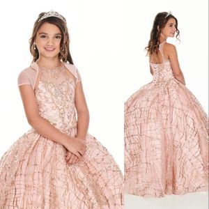 Söt Rose Gold Sequined Lace Girls Pageant Dresses Crystal Pärled Blush Pink Kids Prom Dress Födelsedagsfestklänningar för Little Girl With Jacket 403