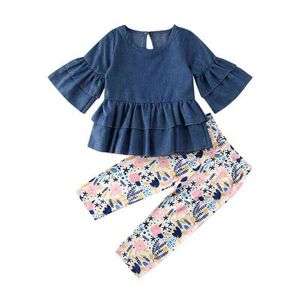 Toddler Girl Clothes 2020 Kid Baby Tjej Denim Outfits Klänning Långärmad Toppar Blommiga Leggings Byxor 2st Kläder Set G220217