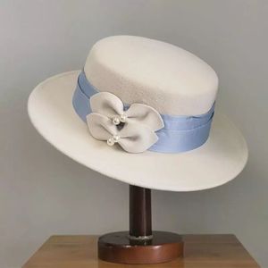 Stingy Brim Hats Ladies Pearls Fedora Women Elegant Bowknot Winter Wool Felt Hat Party Wedding Western Boater Sun Bowler