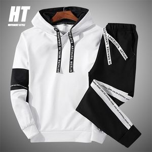 Men's Casual Tracksuit Sportswear Men Hooded Sweatshirt Patchwork Fashion Slim Fit Gym Fitness 2 PC+Pants Jogging Sets 210722