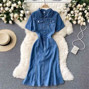 Korean Ins Women Denim Dress Vintage Style Turn-down Collar Kortärmad Singel Breasted Mermaid Midi Jeans Vestidos 210603