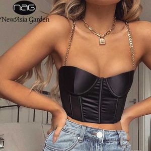 Asia Sexy Bustier Crop Top Women Clothing Summer Fashion Chain Strap Padded Satin Cropped Black Festival Chic Streetwear 210608