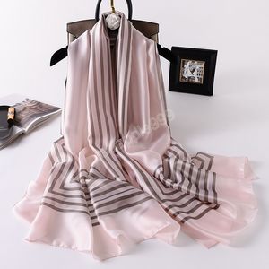 Luxury Striped Line Silk Scarf Lady Print Soft Shawls and Wraps Pashmina Stole Beach Cover-Ups 180*90Cm