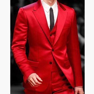 Abiti da uomo rosso da ballo slim fit per cantante Stage 3 pezzi Giacca da uomo in raso con gilet e pantaloni Smoking da sposo da sposa 2020 X0909