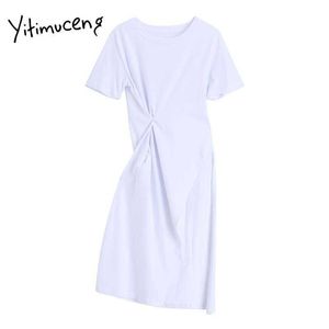 Yitimuceng oregelbunden t-shirt klänningar kvinnor sommar ruched split gaffel klänning hög midja vit sundress koreanska mode 210601