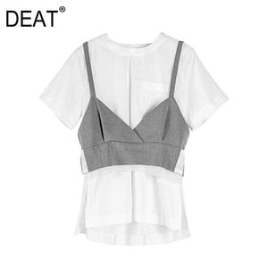 [泥炭]夏のファッショントップスラウンドネックパッチワーク半袖偽2分割フォークパーソナリティ女性Tシャツ13C774 210527
