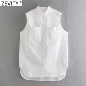 ZEVITY Kadınlar Moda Çift Cepler Yama Hem Düzensiz Beyaz Tahmin Bluz Ofis Bayan Kolsuz Gömlek Chic Blusas Tops LS9022 210603