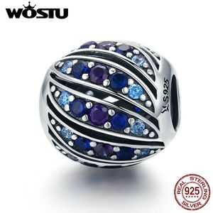 Wostu 100％925スターリングシルバーピーコックフェザーブルーチャームビーズフィット女性チャームブレスレットS925シルバービーズジュエリーCQC472 Q0531