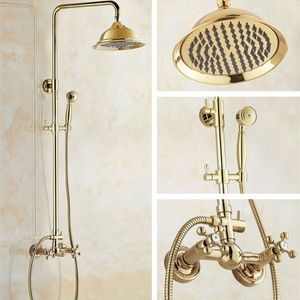 Luxury Polished Gold Color Brass Dual Cross Handles Bathroom 8" Inch Round Rainfall Shower Faucet Set Bath Mixer Tap mgf323 X0705