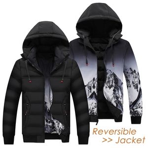 Homens Inverno Casual Destacável Chapéu Quente Reversível Casacos Parkas Casaco Outono Moda Neve Montanha Imprimir Grosso Parka Masculino 211214