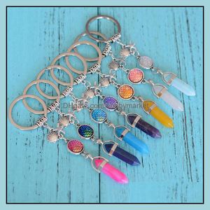 Nyckelringar Smycken Mode Natursten Hexagon Prisma Drusy Druzy Keychain Mermaid Starfish Fisk Skala Charms För Kvinnor Drop Leverans 2021 V